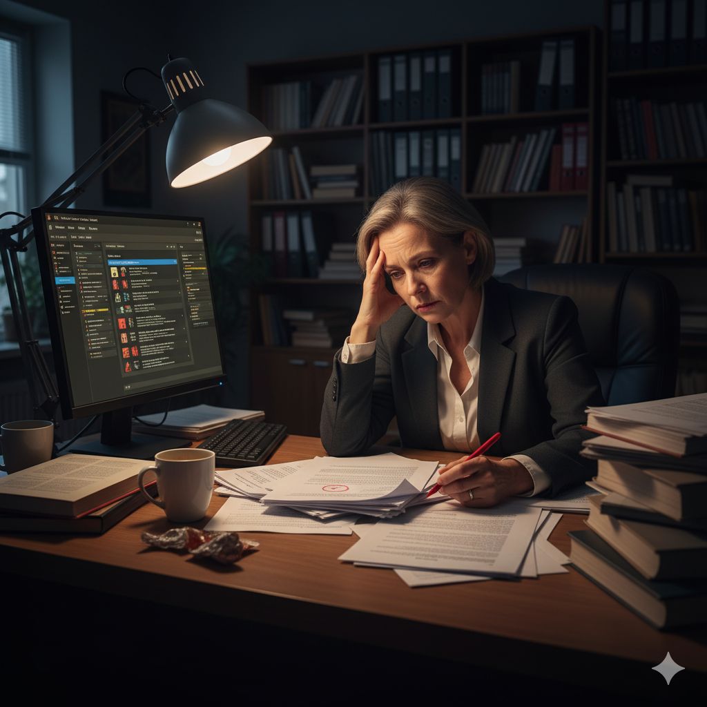 Overworked professor verifying plagiarism